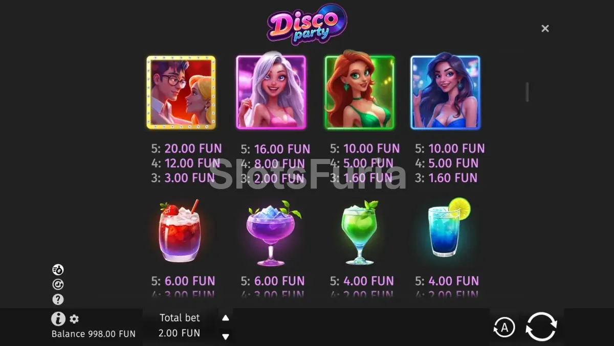 Tabla de pagos de Disco Party mostrando los símbolos y sus valores