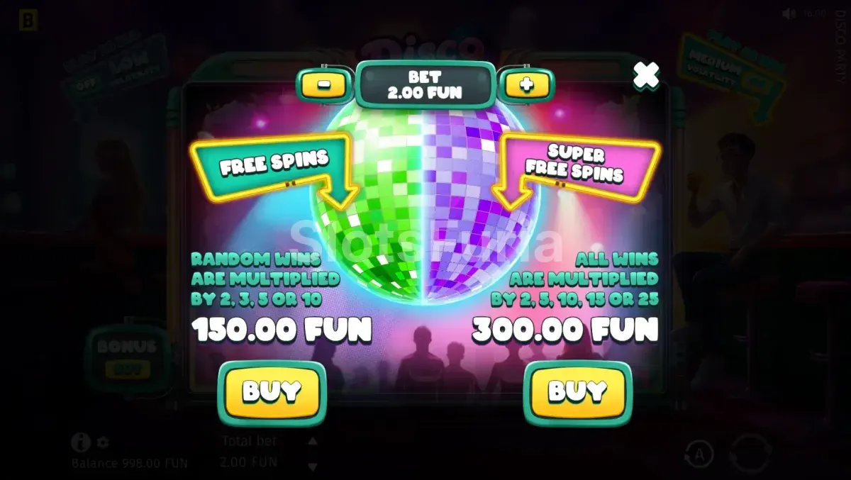 Función de compra de bonus en Disco Party con las opciones disponibles