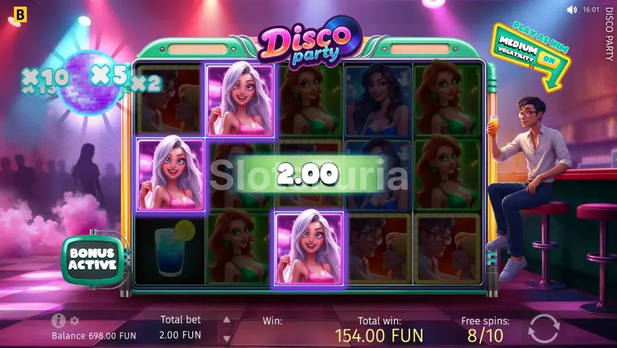 Ronda de tiradas gratuitas de Disco Party con multiplicadores activos