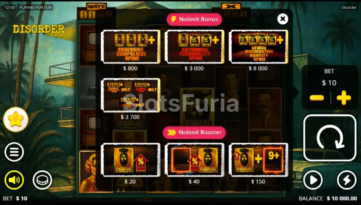 Pantalla de compra de bonus en Disorder de Nolimit City