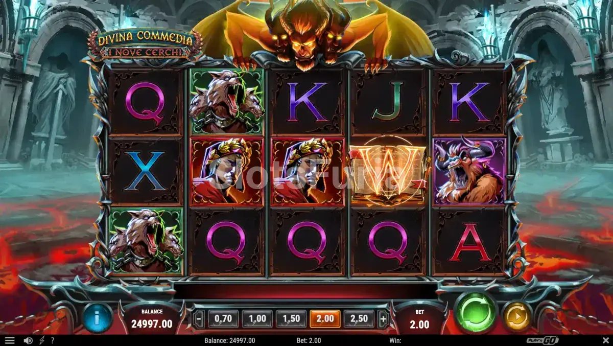 Segunda pantalla del juego base de Divina Commedia I Nove Cerchi durante los giros gratuitos
