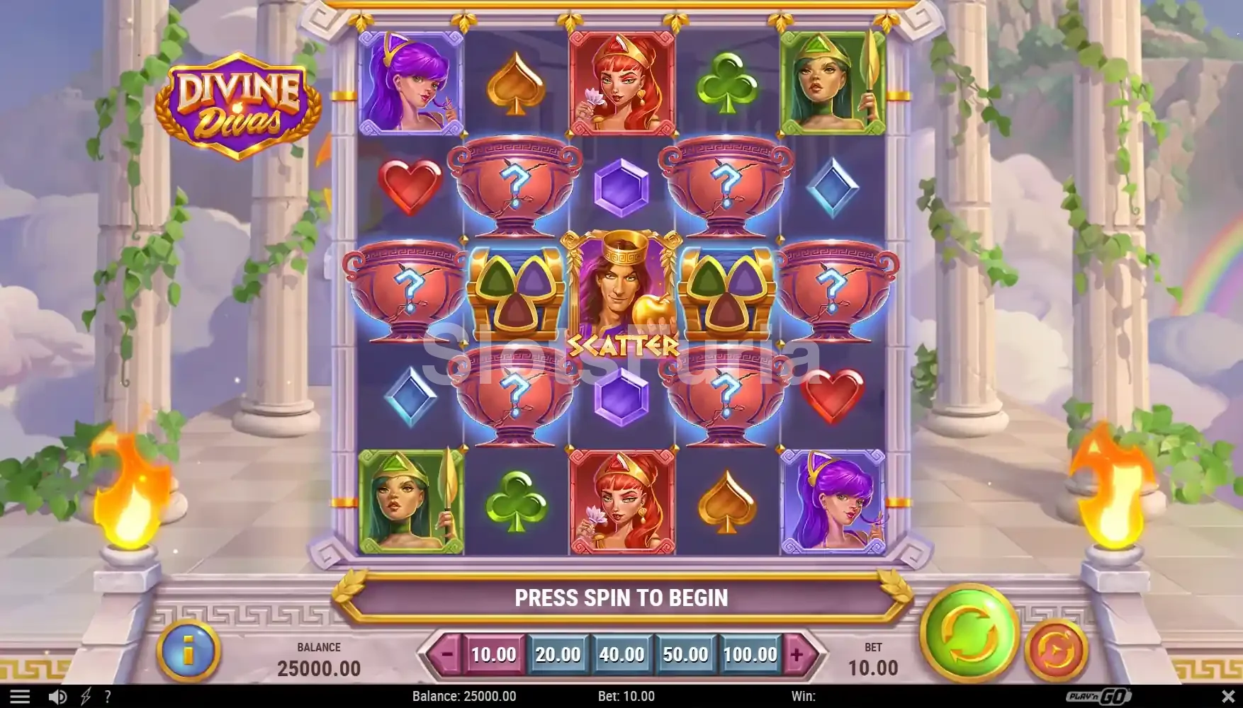 Pantalla principal del juego Divine Divas con el tablero de símbolos