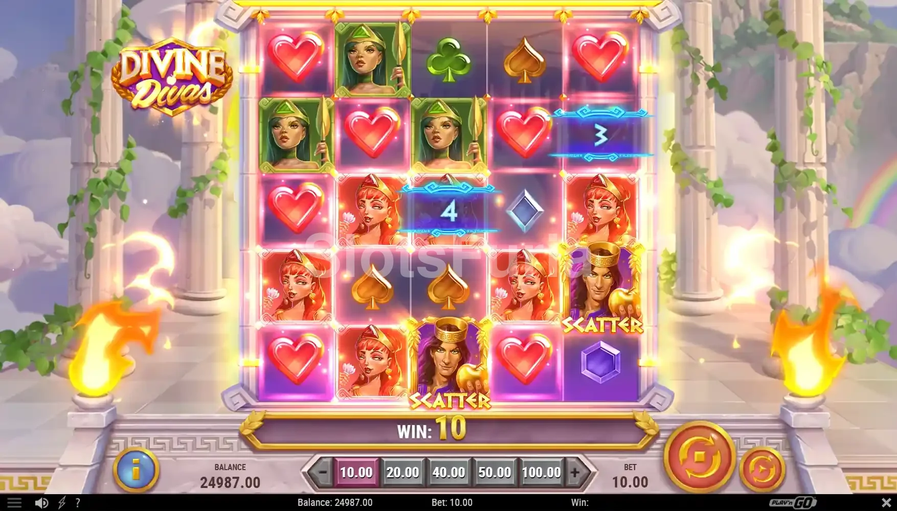 Resultado de giro en Divine Divas con multiplicadores activos en la pantalla