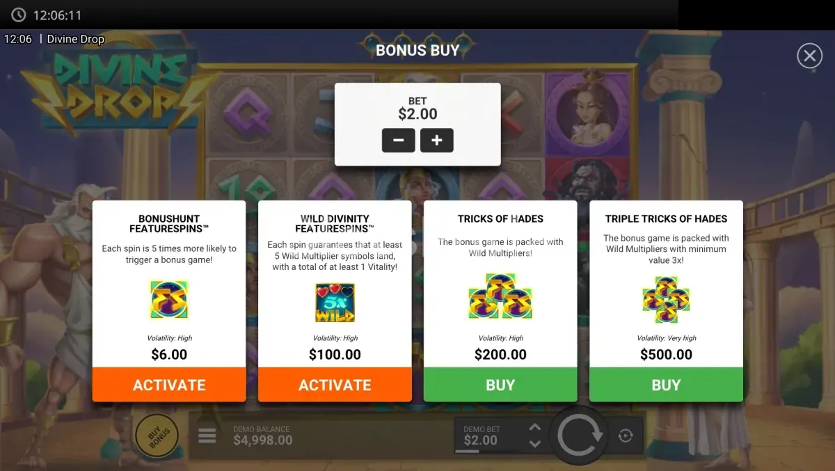 Menú de compra de bonos de la slot Divine Drop