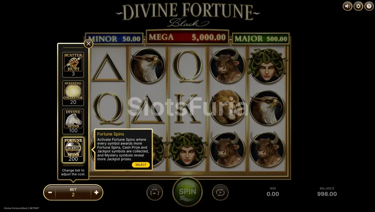 Pantalla de compra de bonus en Divine Fortune Black