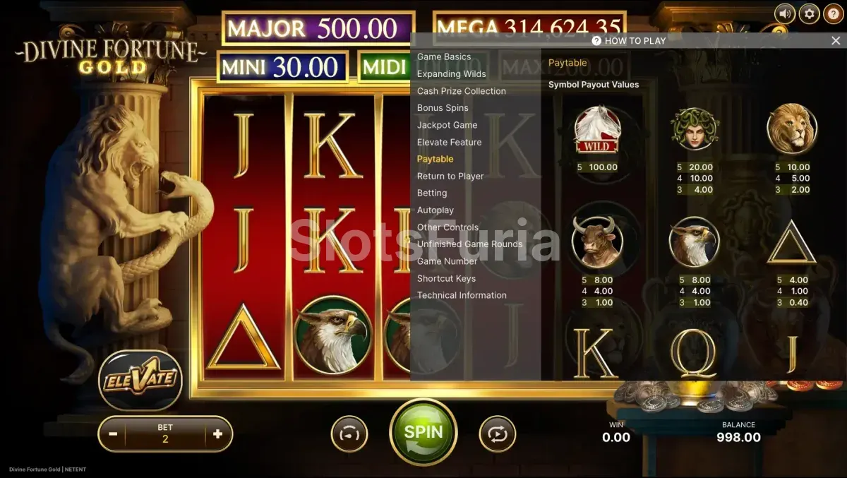 Tabla de pagos de Divine Fortune Gold con símbolos y premios