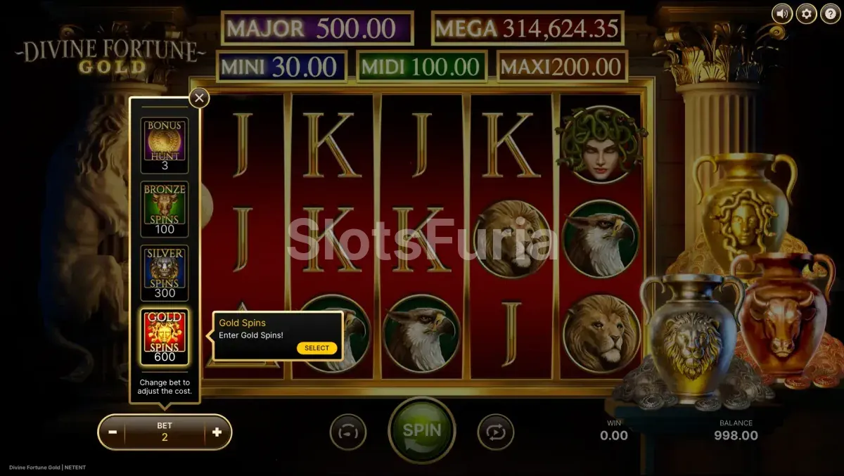 Función de compra de bonus activada en Divine Fortune Gold