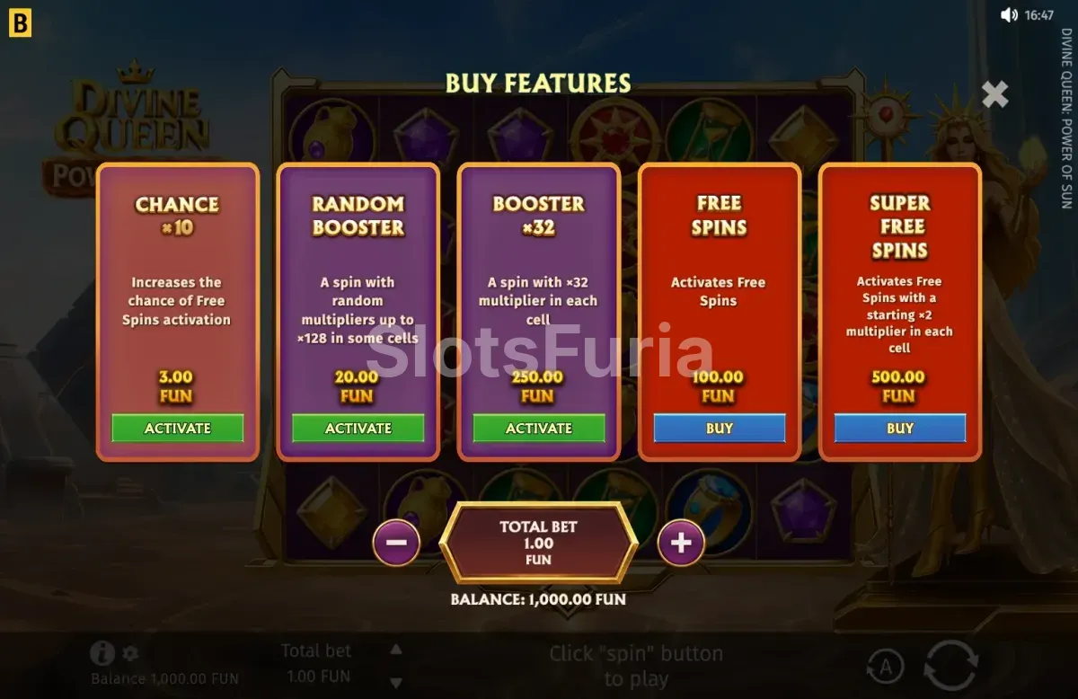 Menú de compra de bonus de Divine Queen Power of Sun