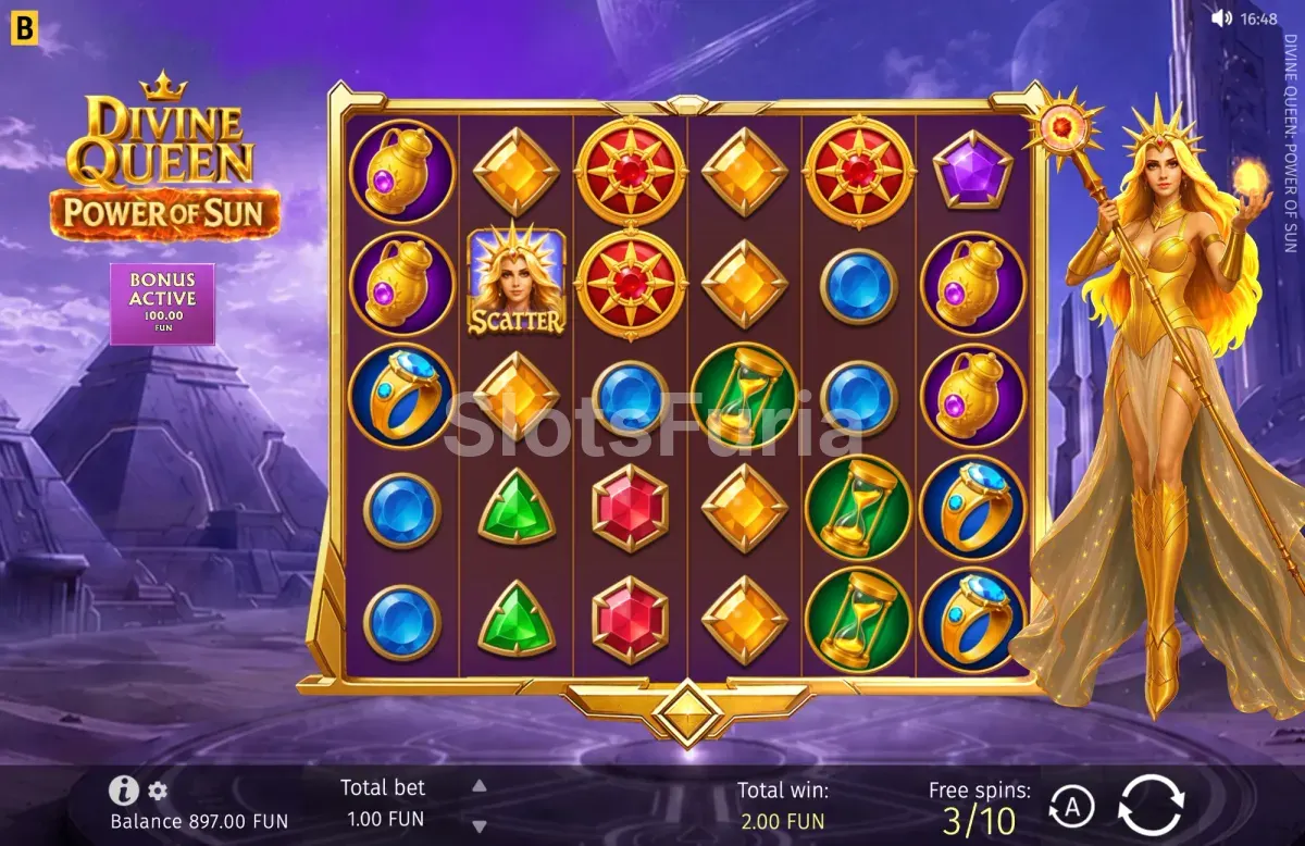 Tiradas gratis de Divine Queen Power of Sun con multiplicadores en las celdas