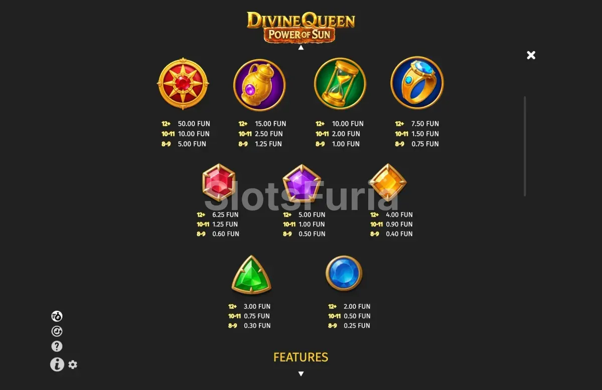 Tabla de pagos de Divine Queen Power of Sun con los valores de los símbolos