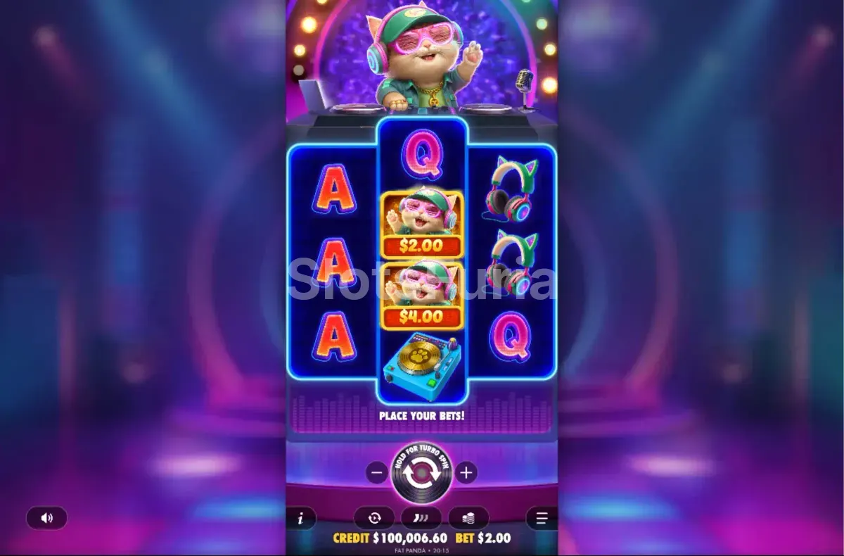 Pantalla del juego base de DJ Neko mostrando los símbolos en acción