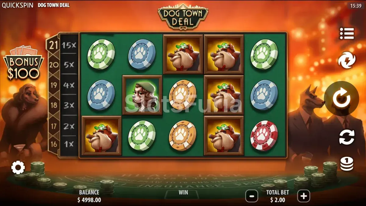 Juego base de Dog Town Deal con los cuatro personajes caninos en el Casino