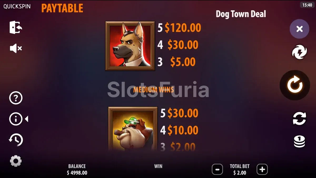Tabla de pagos completa de Dog Town Deal mostrando los premios por símbolo