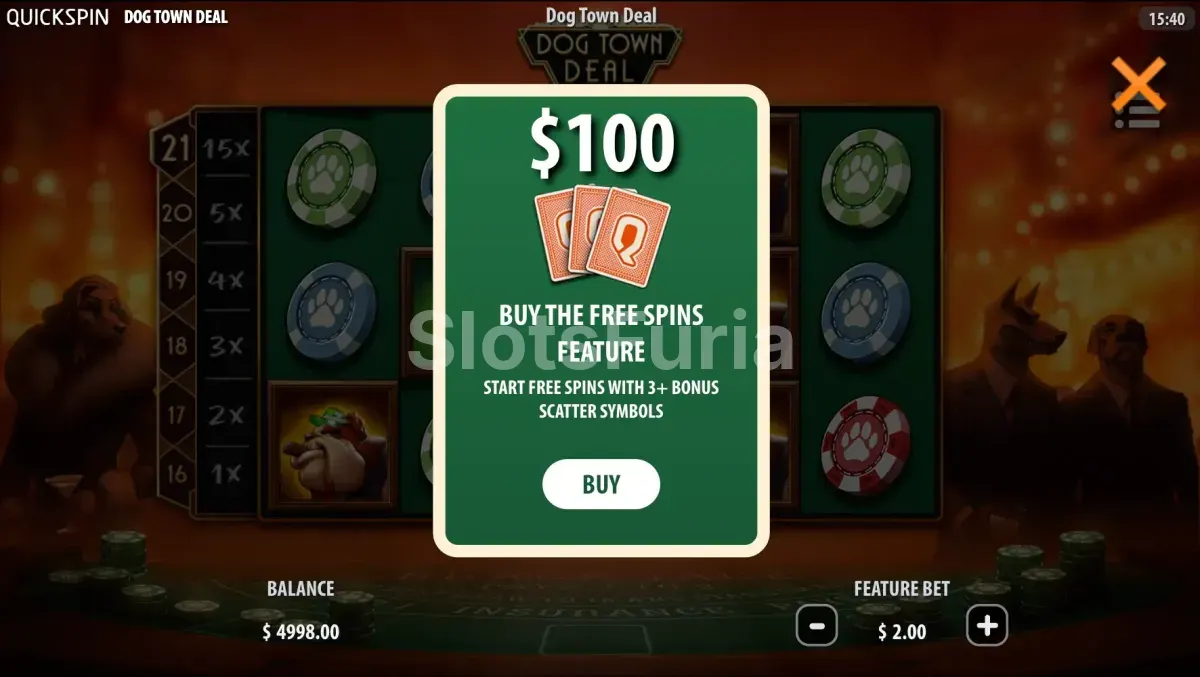 Pantalla de compra de bono de Dog Town Deal con el botón Bonus Buy disponible