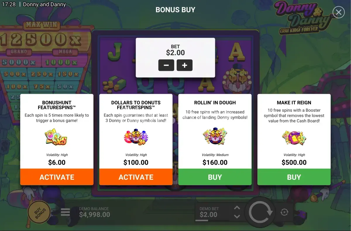 Pantalla de compra de bonus en Donny And Danny
