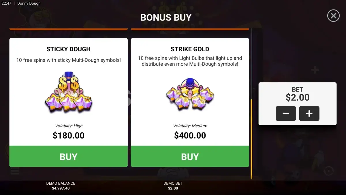 Función de compra de bonus en Donny Dough