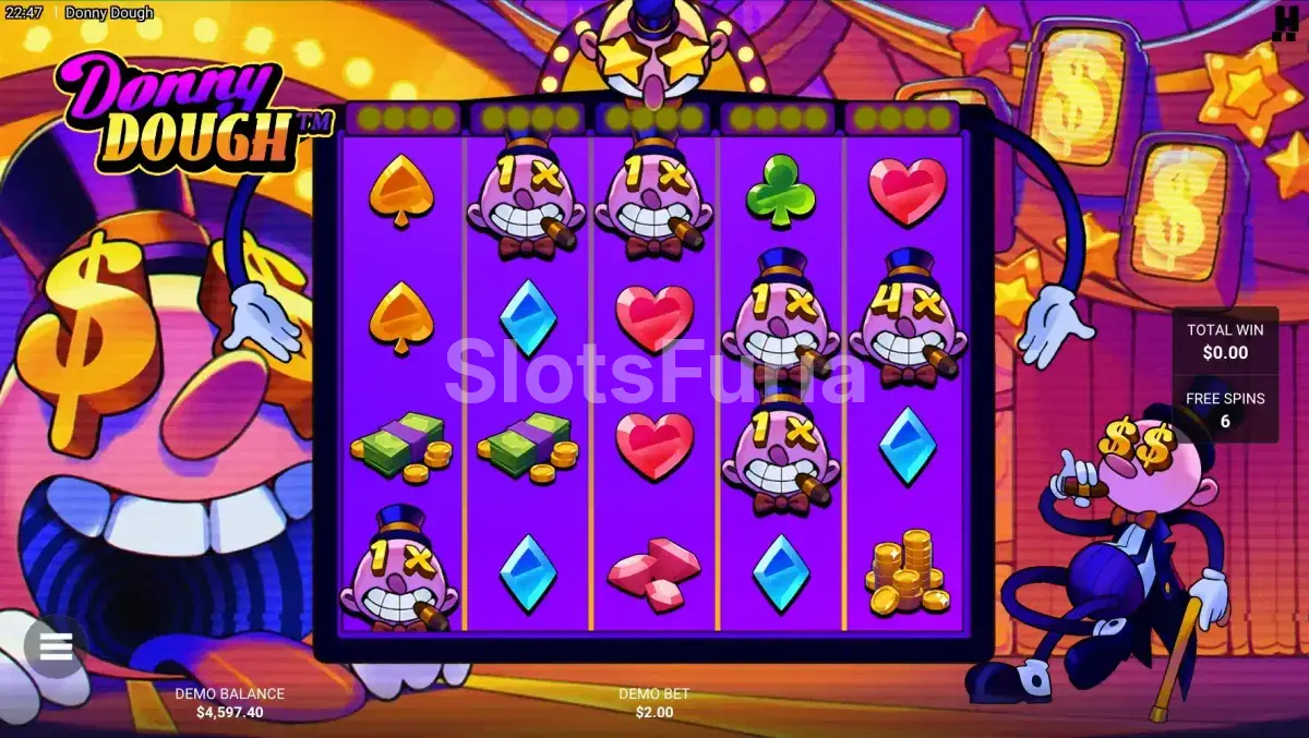 Pantalla de giros gratuitos activos en Donny Dough