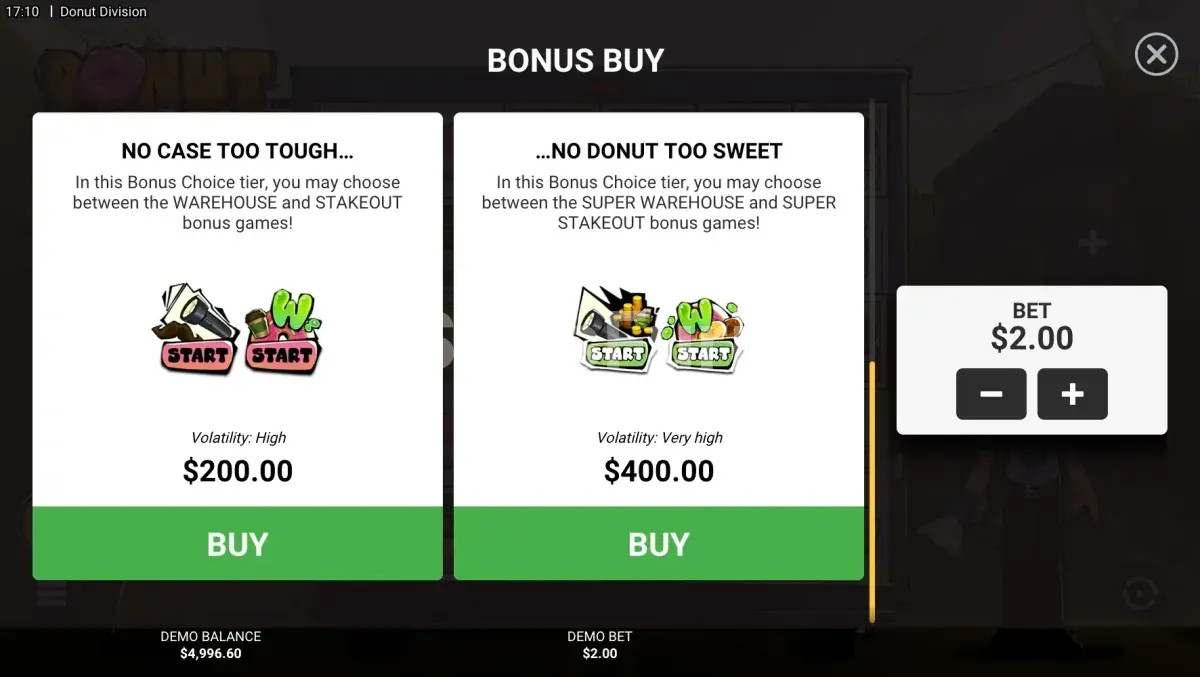 Menú de compra de bonos de Donut Division con cuatro opciones