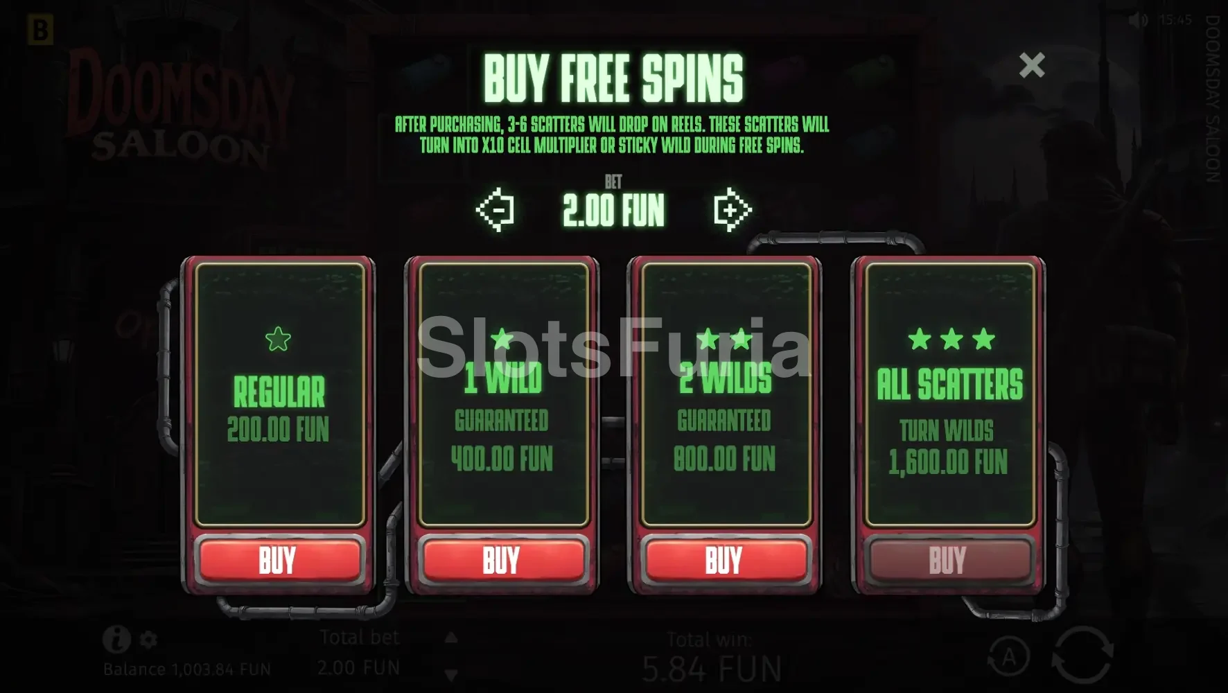 Menú de compra de bonus en Doomsday Saloon