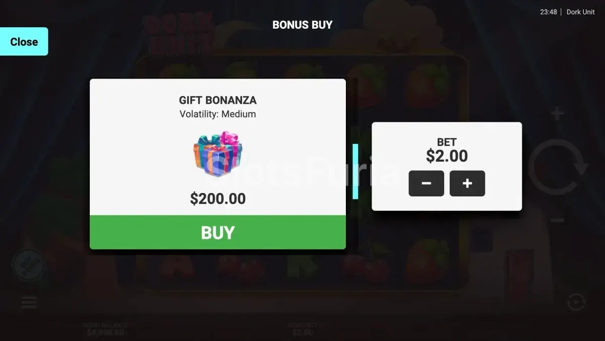 Menú de compra de bonus disponible en Dork Unit