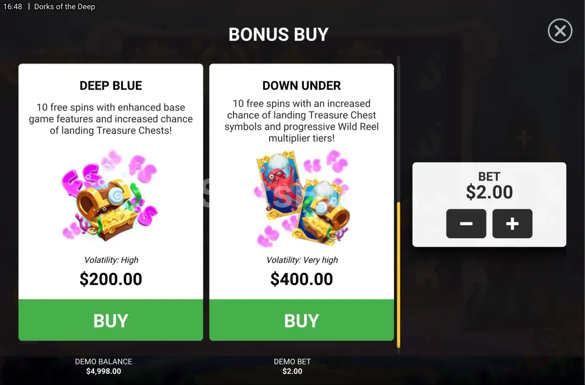 Pantalla de compra de bonus en Dorks of the Deep