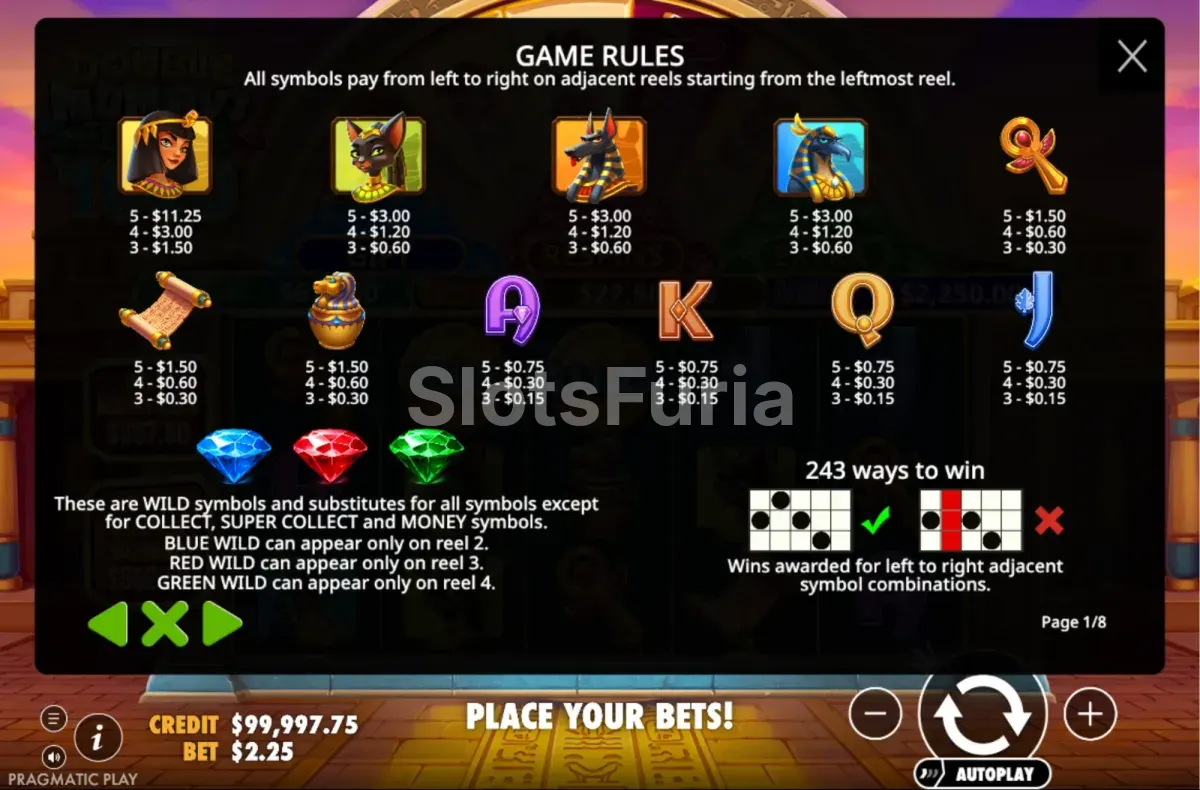 Tabla de pagos de Double Mummys Jewels 1000 con valores y jackpots