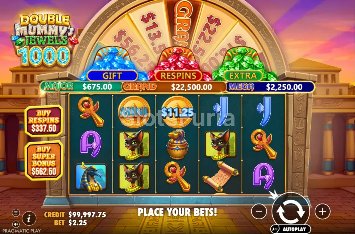 Juego base de Double Mummys Jewels 1000 con símbolos MONEY y COLLECT
