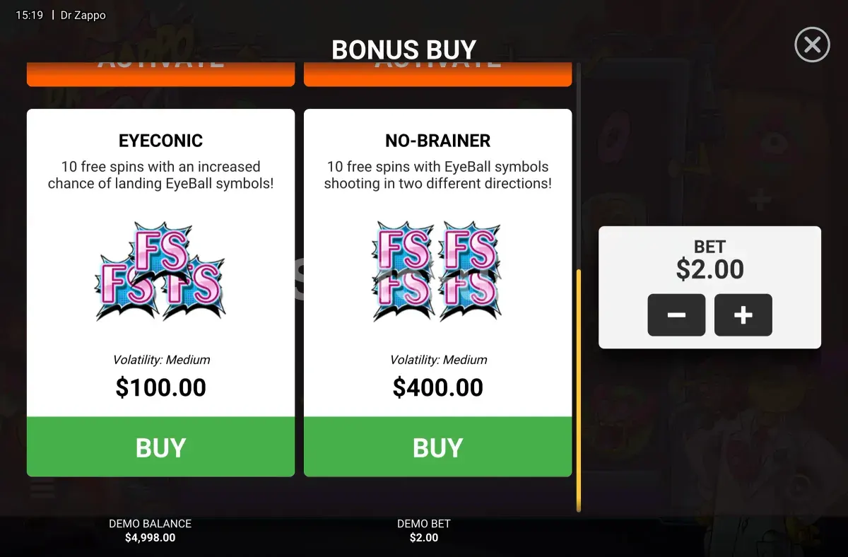 Pantalla de compra de bonus de Dr Zappo con opciones de apuesta