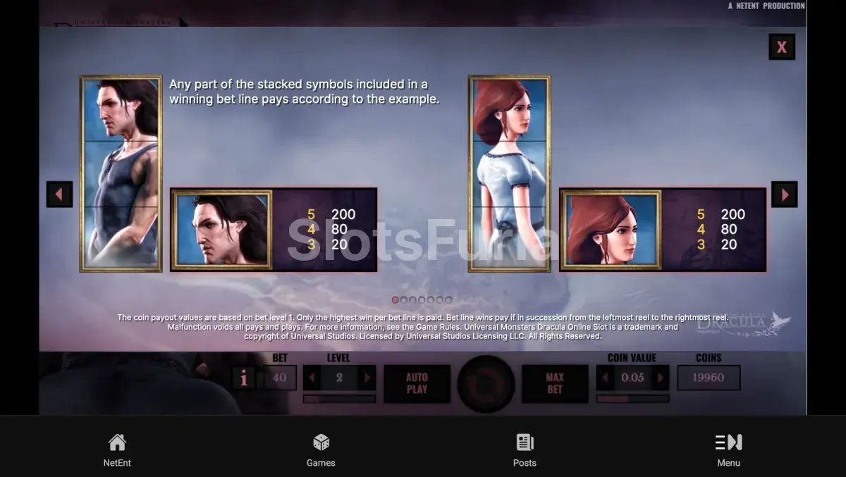 Tabla de pagos de la slot Dracula de NetEnt
