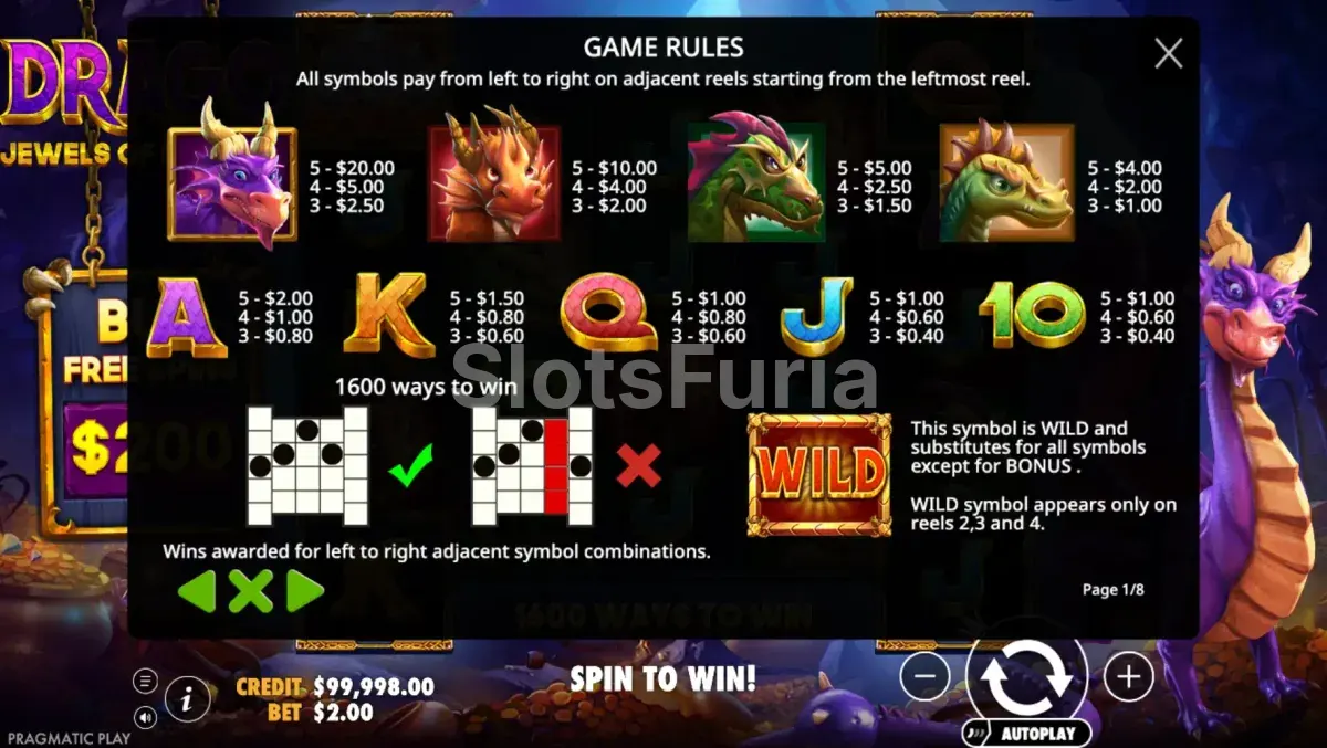 Tabla de pagos completa de Drago Jewels of Fortune