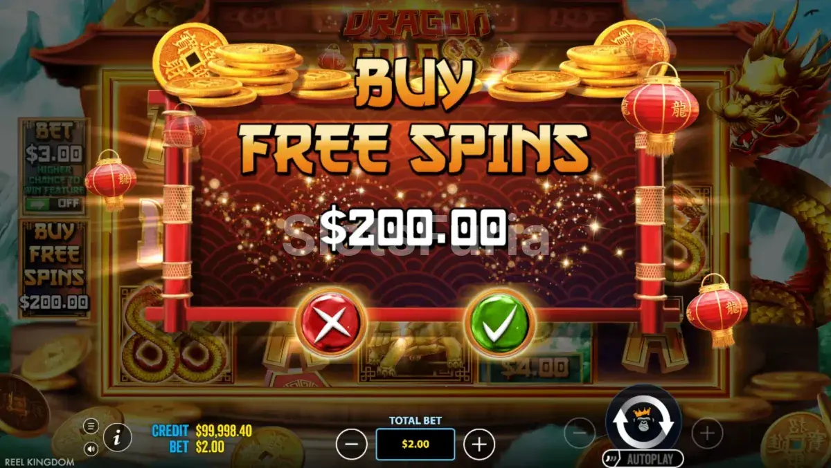Pantalla de compra de bonus en Dragon Gold 88