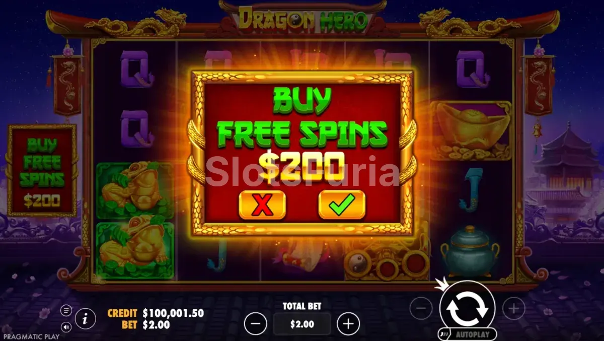 Pantalla de compra de bonus en Dragon Hero de Pragmatic Play