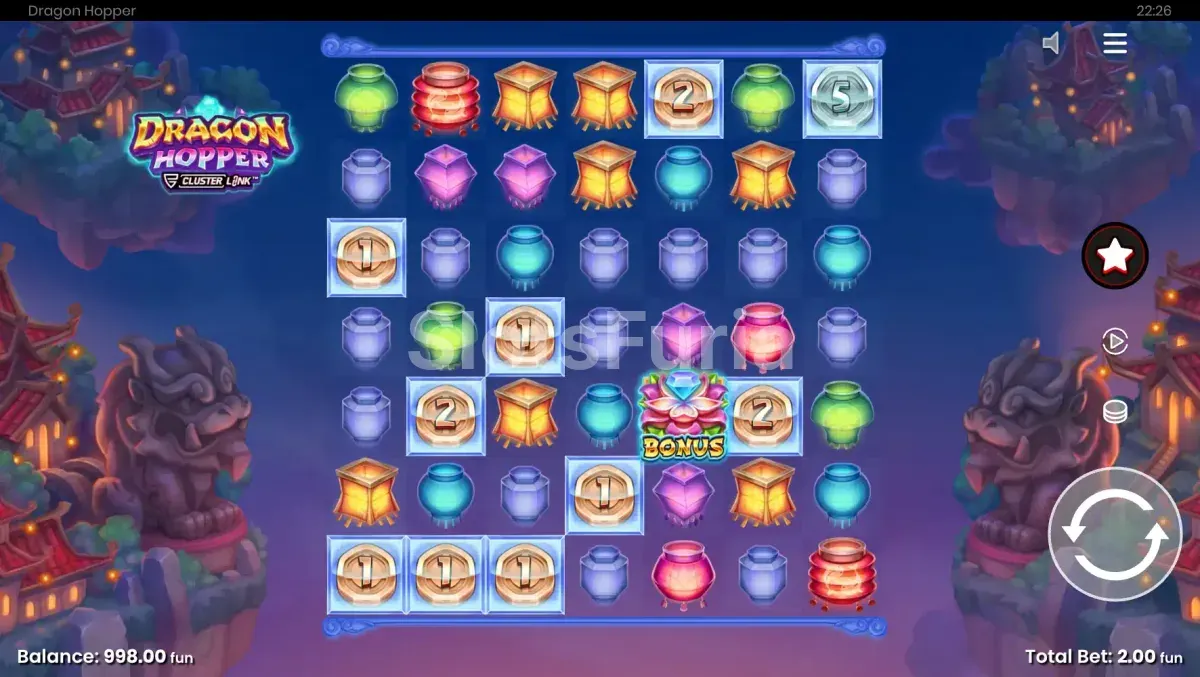 Pantalla principal del juego Dragon Hopper con cuadrícula 7x7
