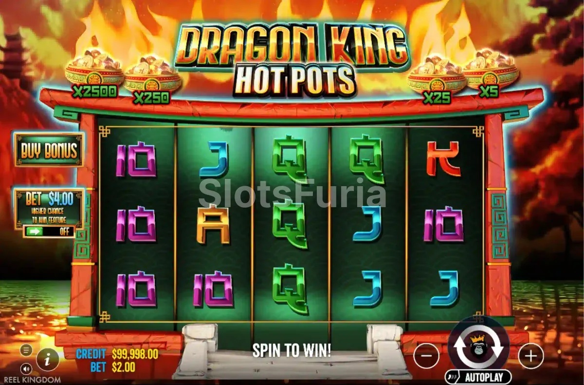 Pantalla principal del juego Dragon King Hot Pots con sus cinco rouleaux activos