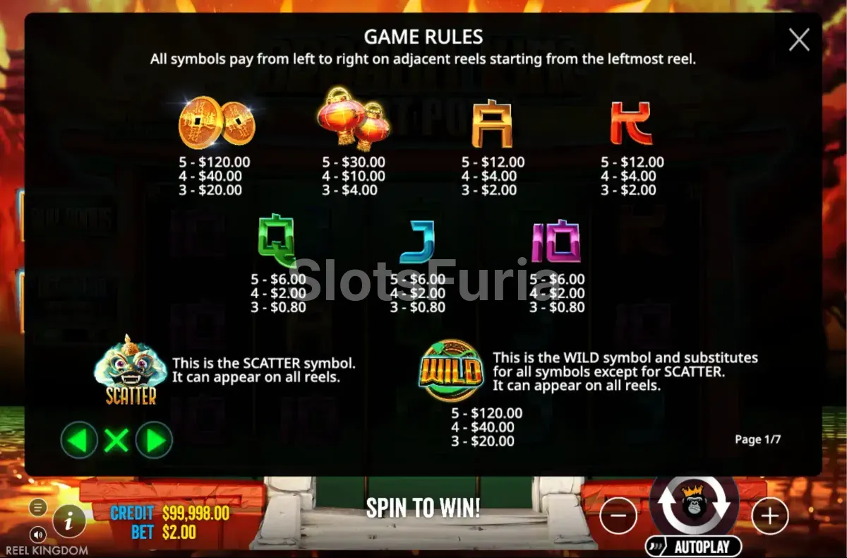 Tabla de pagos de Dragon King Hot Pots con todos los símbolos y valores