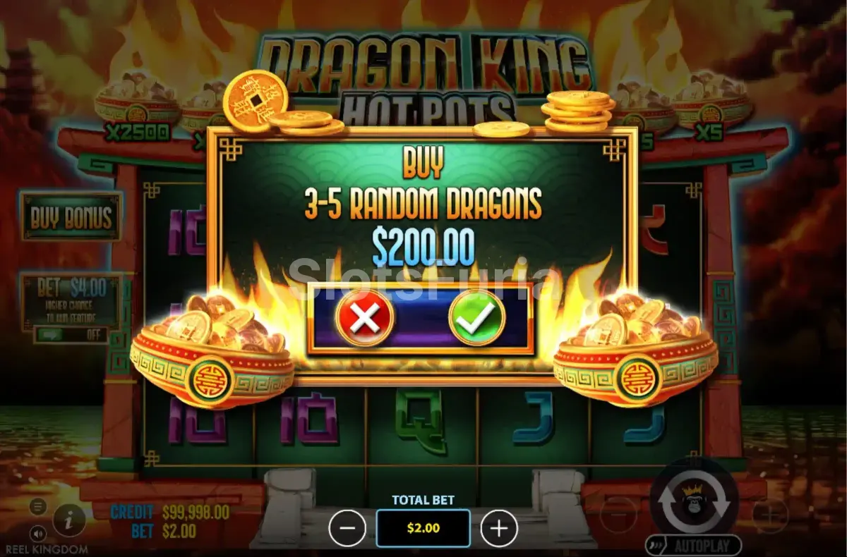 Interfaz de compra de bonus en Dragon King Hot Pots con opciones disponibles