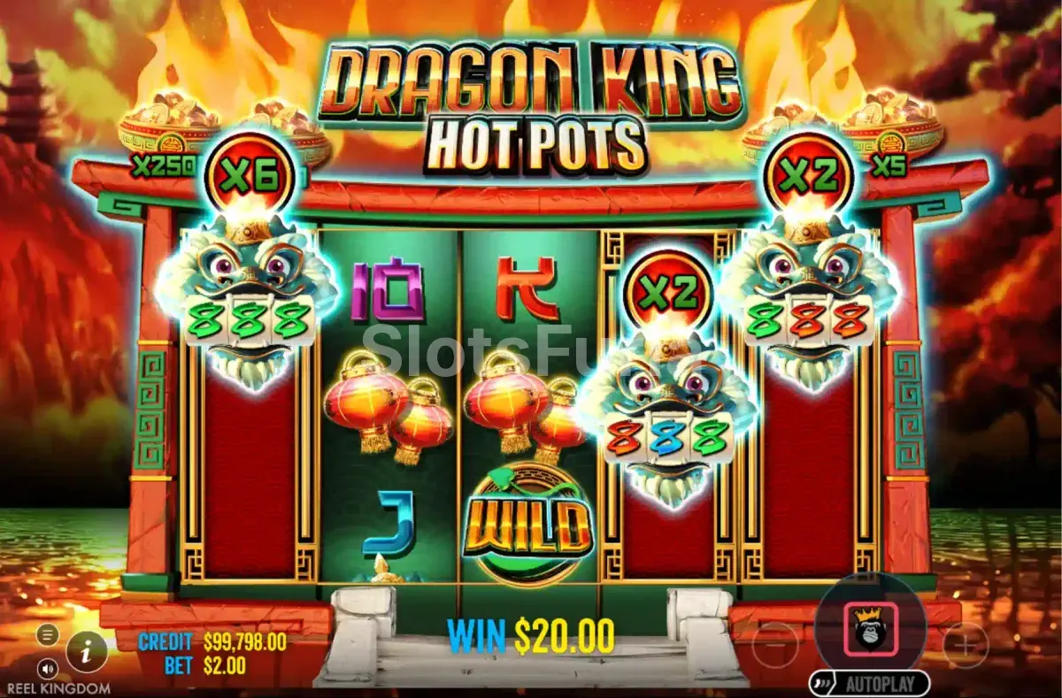Pantalla de giros gratis de Dragon King Hot Pots con multiplicadores activos