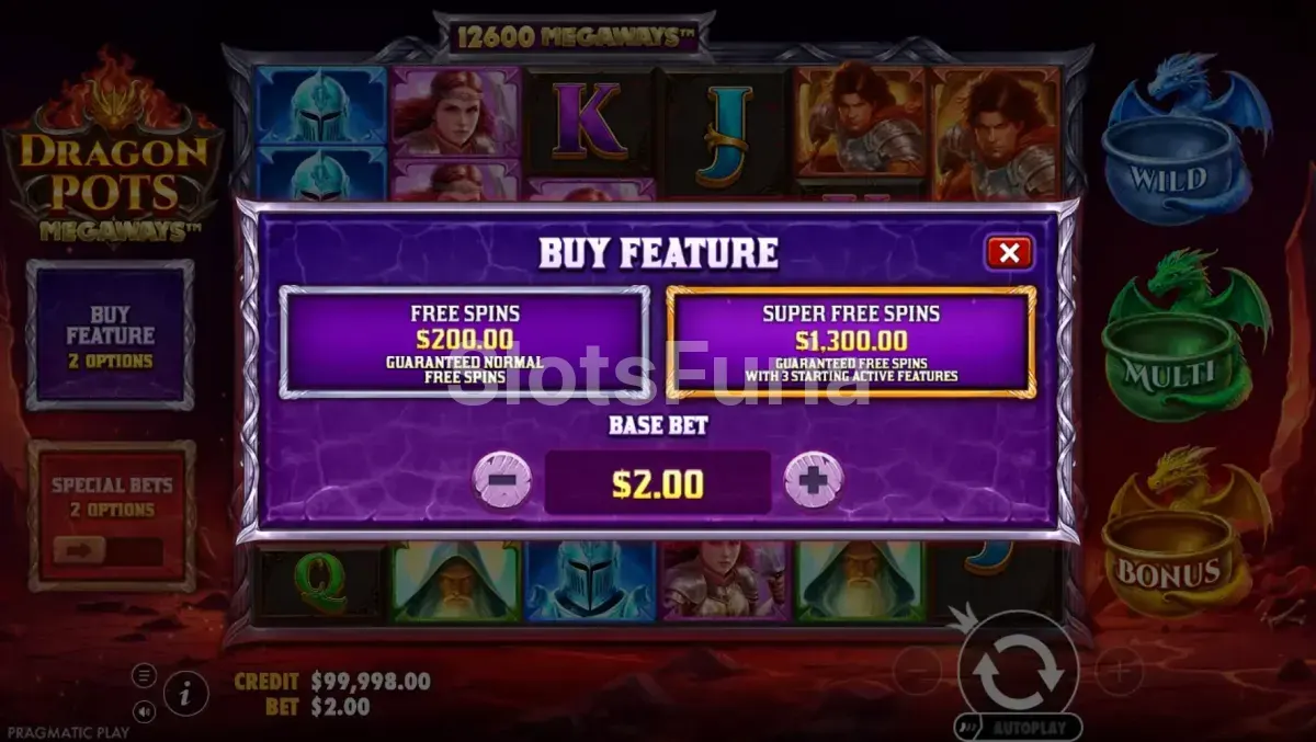 Pantalla de compra de bonos en Dragon Pots Megaways