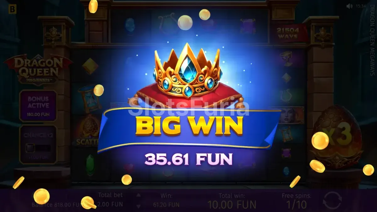 Gran victoria épica en Dragon Queen Megaways mostrando el multiplicador máximo