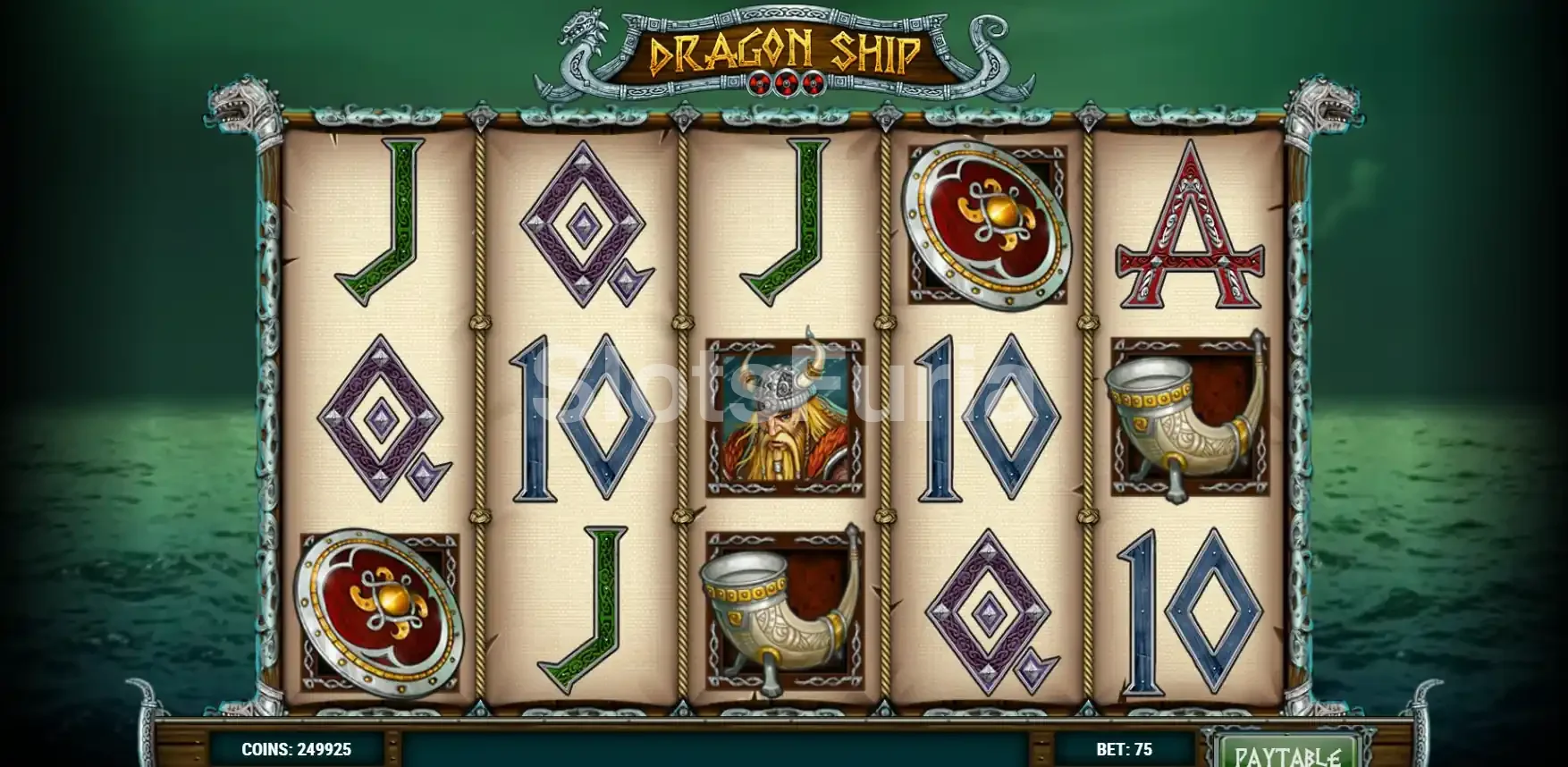 Pantalla principal del juego Dragon Ship con dragón y barco vikingo