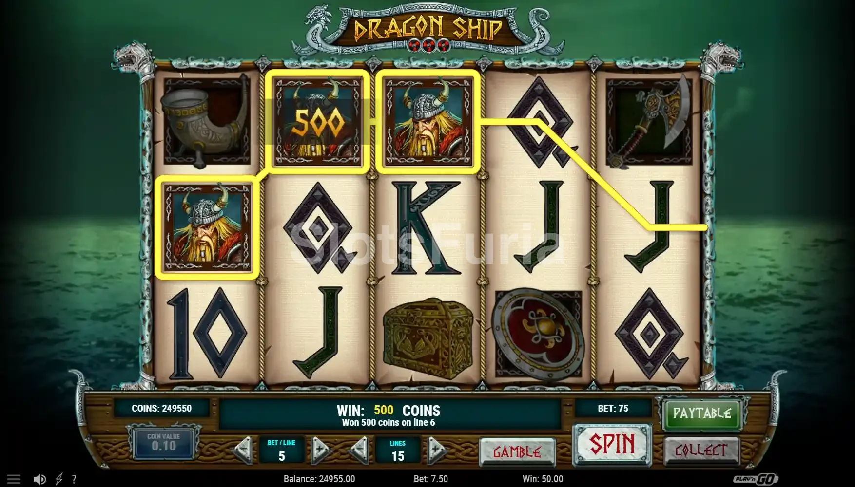Resultado de giro ganador en Dragon Ship con combinaciones activas