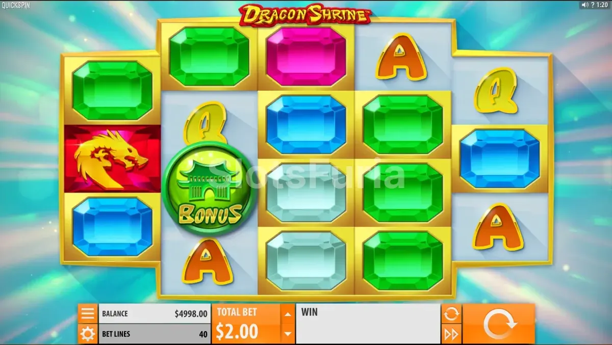 Pantalla principal del juego Dragon Shrine con la cuadrícula de carretes iluminada