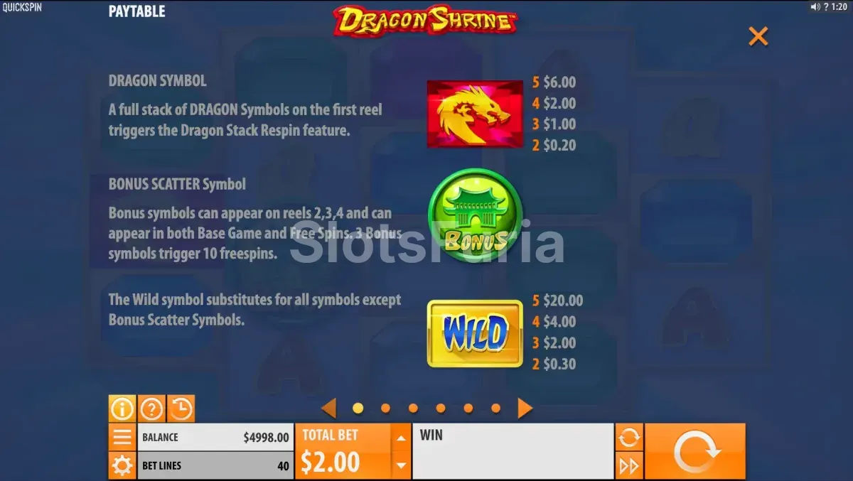 Tabla de pagos de Dragon Shrine mostrando los símbolos y sus valores