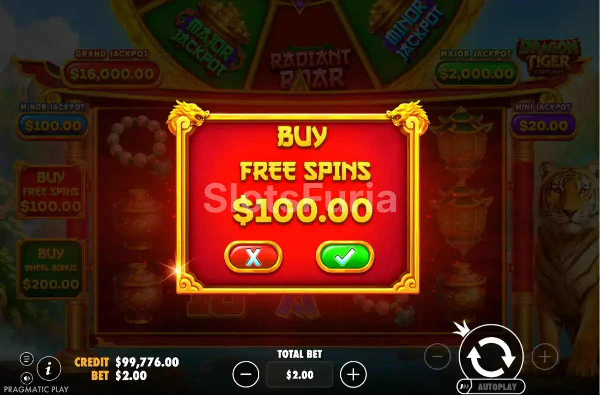 Pantalla de compra de bonus en Dragon Tiger Fortunes con opciones disponibles