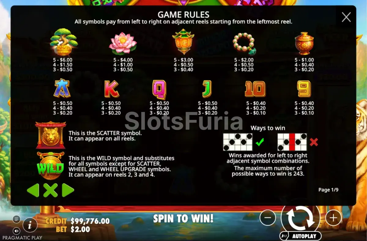 Tabla de pagos de Dragon Tiger Fortunes con todos los símbolos y premios