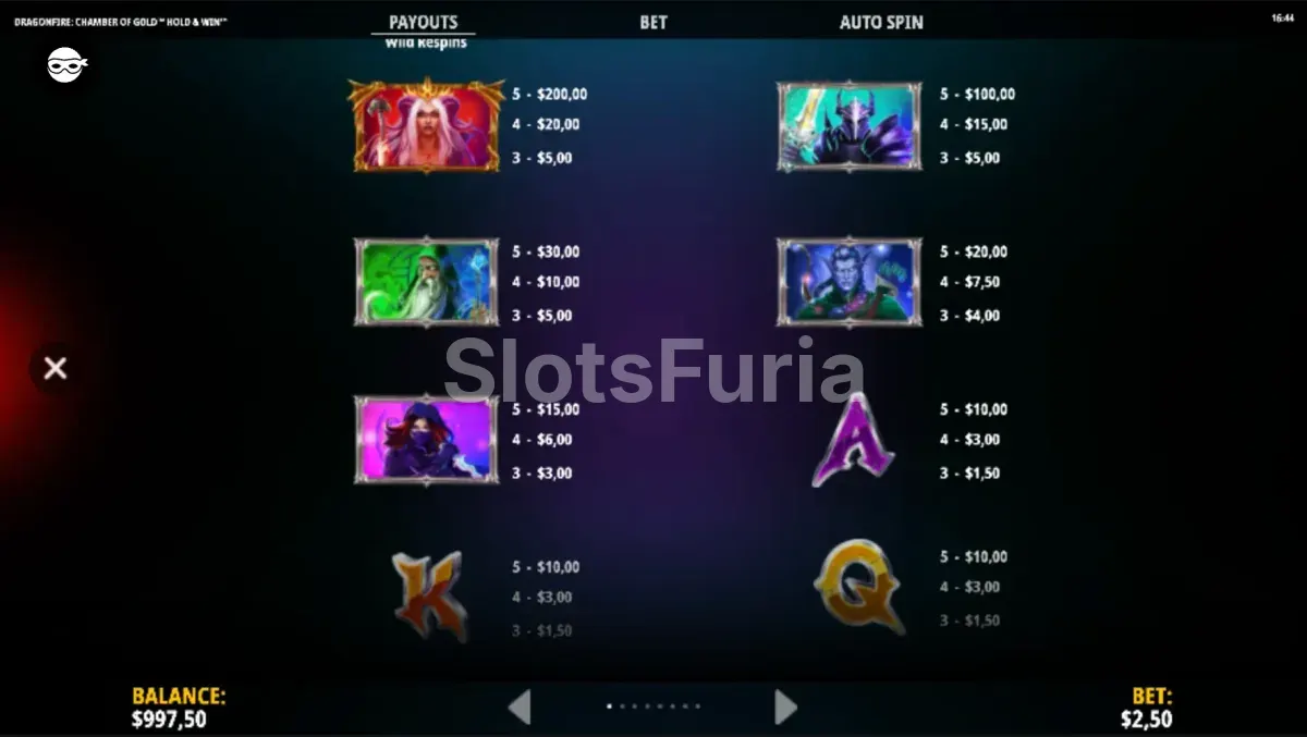 Tabla de pagos de Dragonfire Chamber of Gold mostrando los símbolos y sus valores