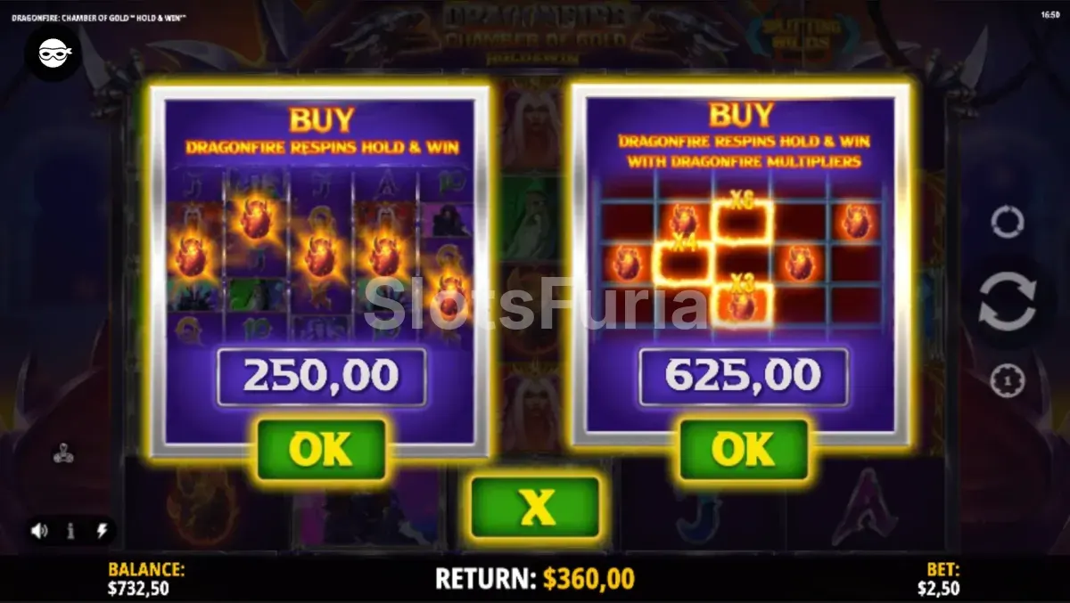 Pantalla de compra de bonos en Dragonfire Chamber of Gold de iSoftBet