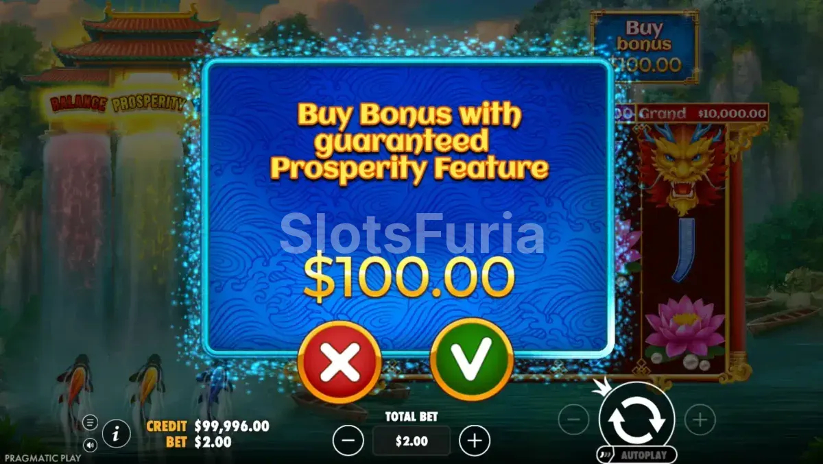 Pantalla de compra de bono en Dragon's Gate Bonus Choice