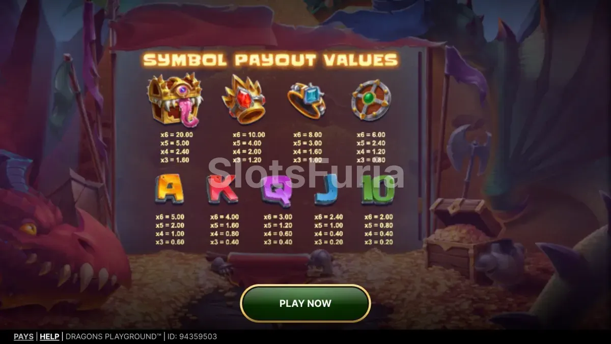 Tabla de pagos de Dragons Playground con símbolos de fantasía y premios