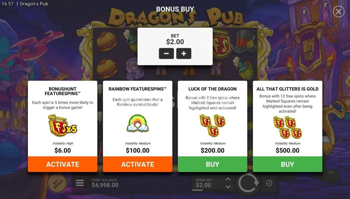 Función de compra de bonus de Dragons Pub